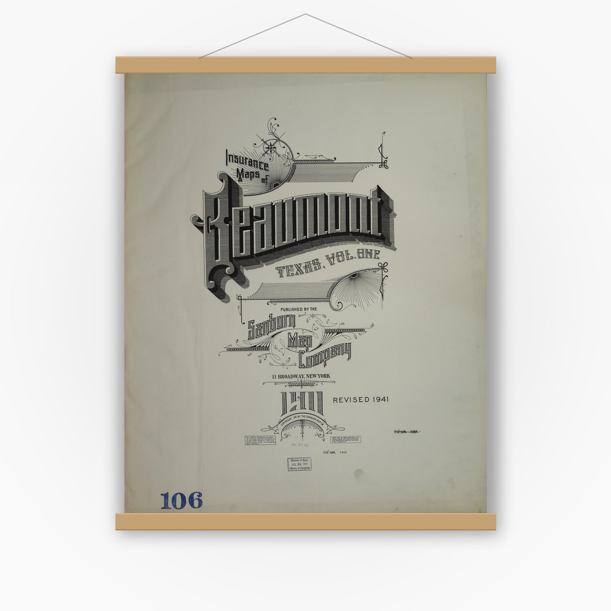Old map wall art mockup — magnetic wood frame on white wall — Sanborn Fire Insurance Map from Beaumont, Jefferson County, Texas (1941), Sheet #0001