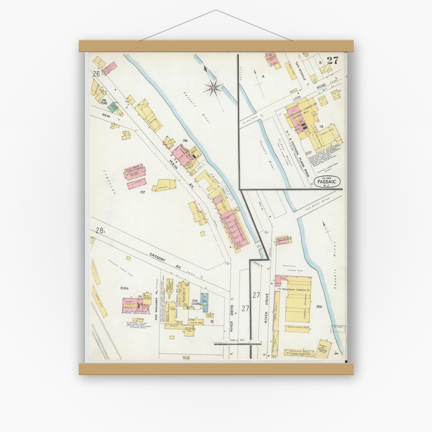Old map wall art mockup — magnetic wood frame on white wall — Sanborn Fire Insurance Map from Passaic, Passaic County, New Jersey (1903), Sheet #0027