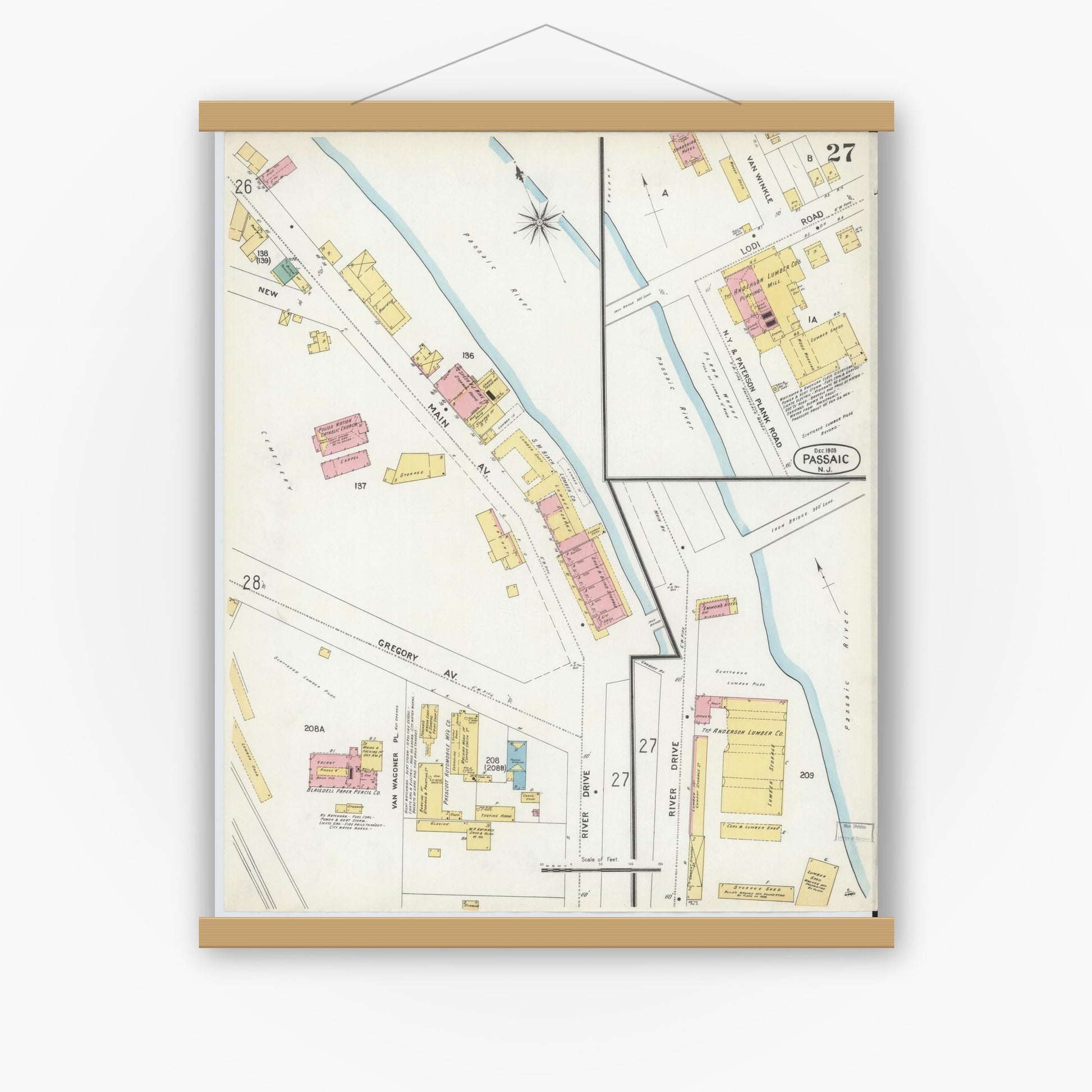 Old map wall art mockup — magnetic wood frame on white wall — Sanborn Fire Insurance Map from Passaic, Passaic County, New Jersey (1903), Sheet #0027