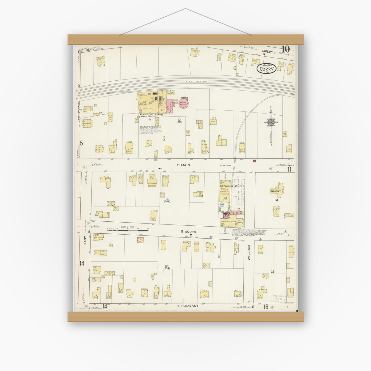 Old map wall art mockup — magnetic wood frame on white wall — Sanborn Fire Insurance Map from Corry, Erie County, Pennsylvania (1915), Sheet #0010