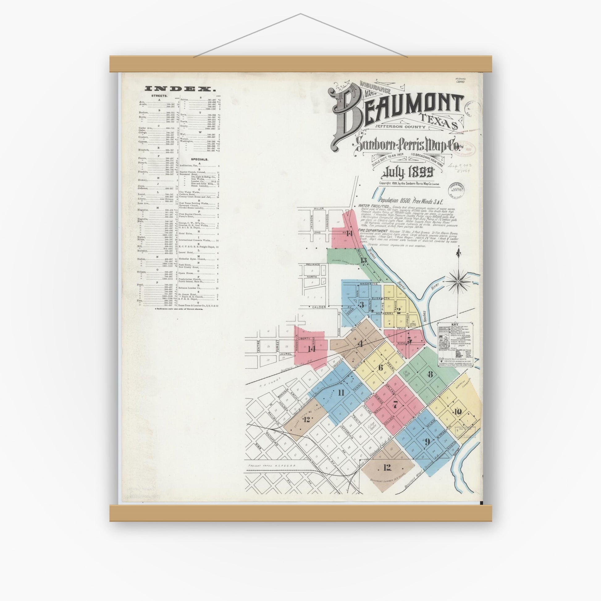 Old map wall art mockup — magnetic wood frame on white wall — Sanborn Fire Insurance Map from Beaumont, Jefferson County, Texas (1899), Sheet #0001