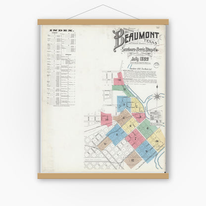 Old map wall art mockup — magnetic wood frame on white wall — Sanborn Fire Insurance Map from Beaumont, Jefferson County, Texas (1899), Sheet #0001