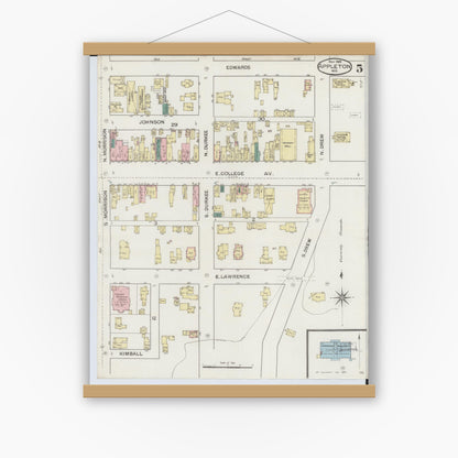 Old map wall art mockup — magnetic wood frame on white wall — Sanborn Fire Insurance Map from Appleton, Outagamie County, Wisconsin (1886), Sheet #0005