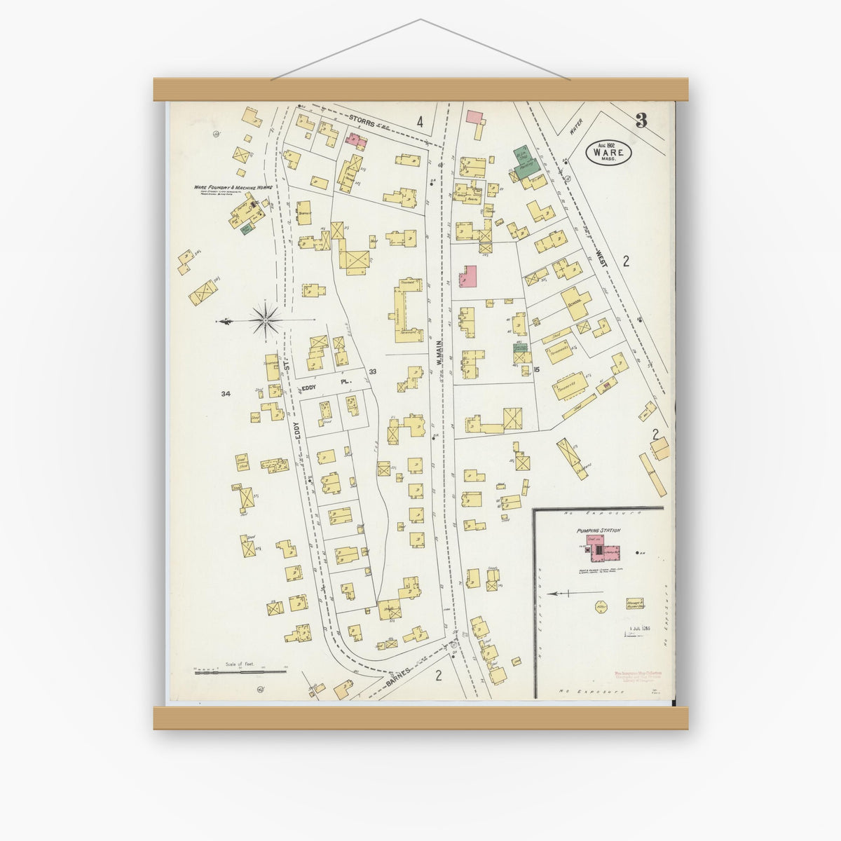 Old map wall art mockup — magnetic wood frame on white wall — Sanborn Fire Insurance Map from Ware, Hampshire County, Massachusetts (1902), Sheet #0003