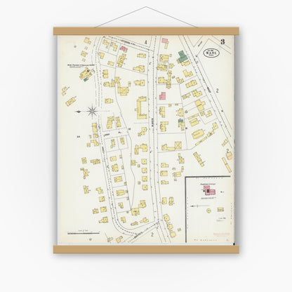 Old map wall art mockup — magnetic wood frame on white wall — Sanborn Fire Insurance Map from Ware, Hampshire County, Massachusetts (1902), Sheet #0003
