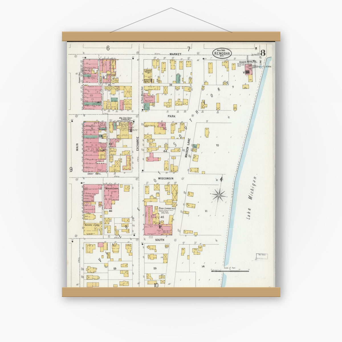 Old map wall art mockup — magnetic wood frame on white wall — Sanborn Fire Insurance Map from Kenosha, Kenosha County, Wisconsin (1900), Sheet #0008