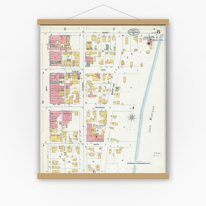 Old map wall art mockup — magnetic wood frame on white wall — Sanborn Fire Insurance Map from Kenosha, Kenosha County, Wisconsin (1900), Sheet #0008