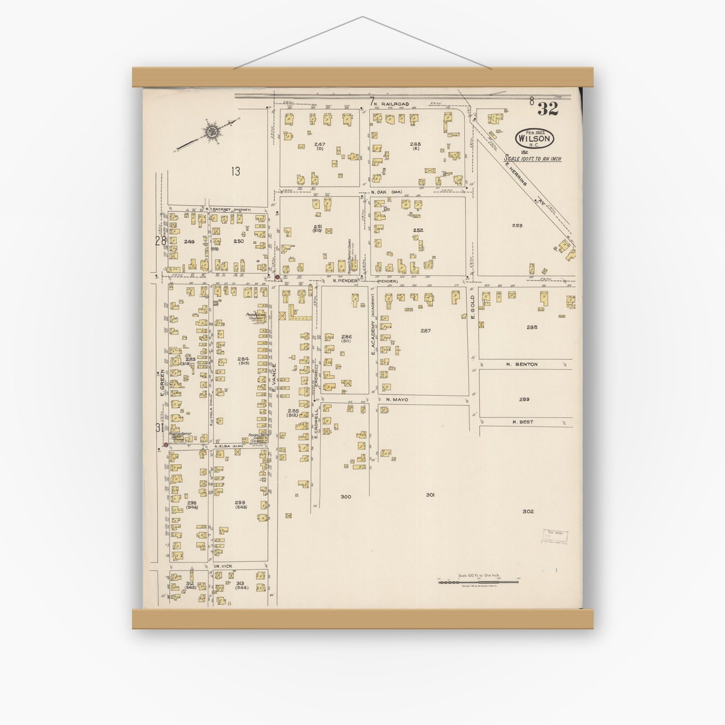 Old map wall art mockup — magnetic wood frame on white wall — Sanborn Fire Insurance Map from Wilson, Wilson County, North Carolina (1922), Sheet #0032