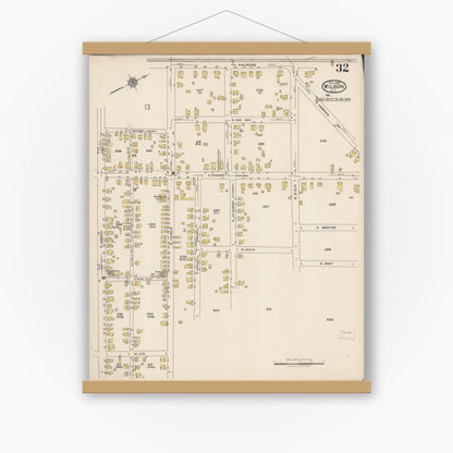 Old map wall art mockup — magnetic wood frame on white wall — Sanborn Fire Insurance Map from Wilson, Wilson County, North Carolina (1922), Sheet #0032