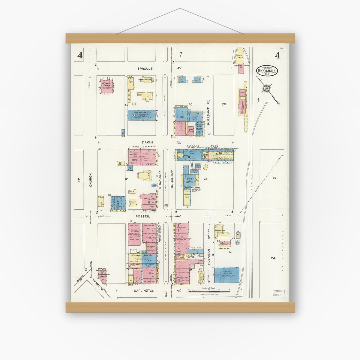 Old map wall art mockup — magnetic wood frame on white wall — Sanborn Fire Insurance Map from Kissimmee, Osceola County, Florida (1926), Sheet #0004