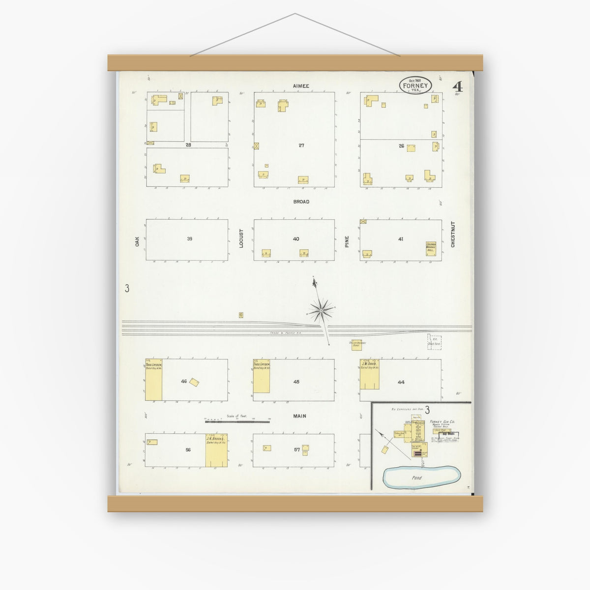 Old map wall art mockup — magnetic wood frame on white wall — Sanborn Fire Insurance Map from Forney, Kaufman County, Texas (1901), Sheet #0004