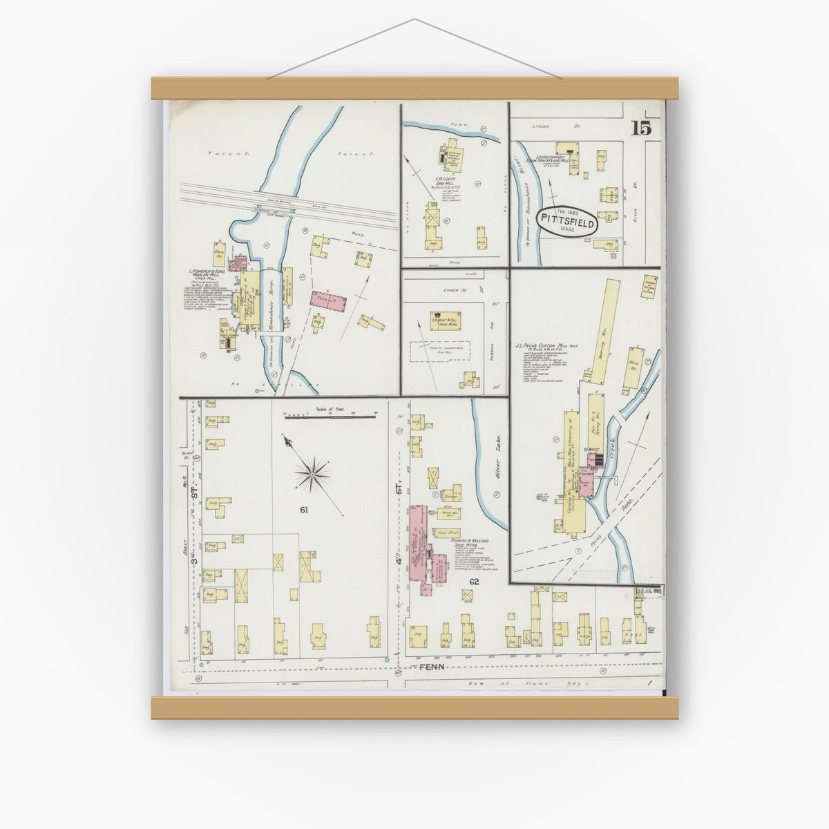 Old map wall art mockup — magnetic wood frame on white wall — Sanborn Fire Insurance Map from Pittsfield, Berkshire County, Massachusetts (1889), Sheet #0015