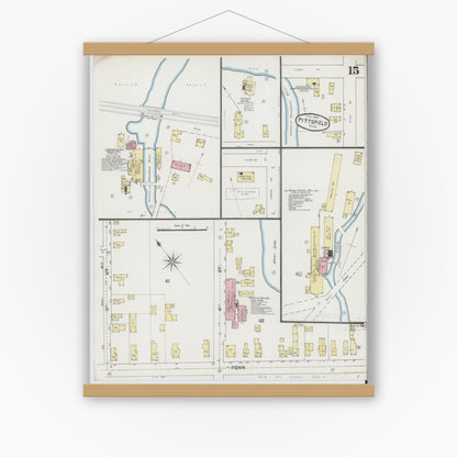 Old map wall art mockup — magnetic wood frame on white wall — Sanborn Fire Insurance Map from Pittsfield, Berkshire County, Massachusetts (1889), Sheet #0015