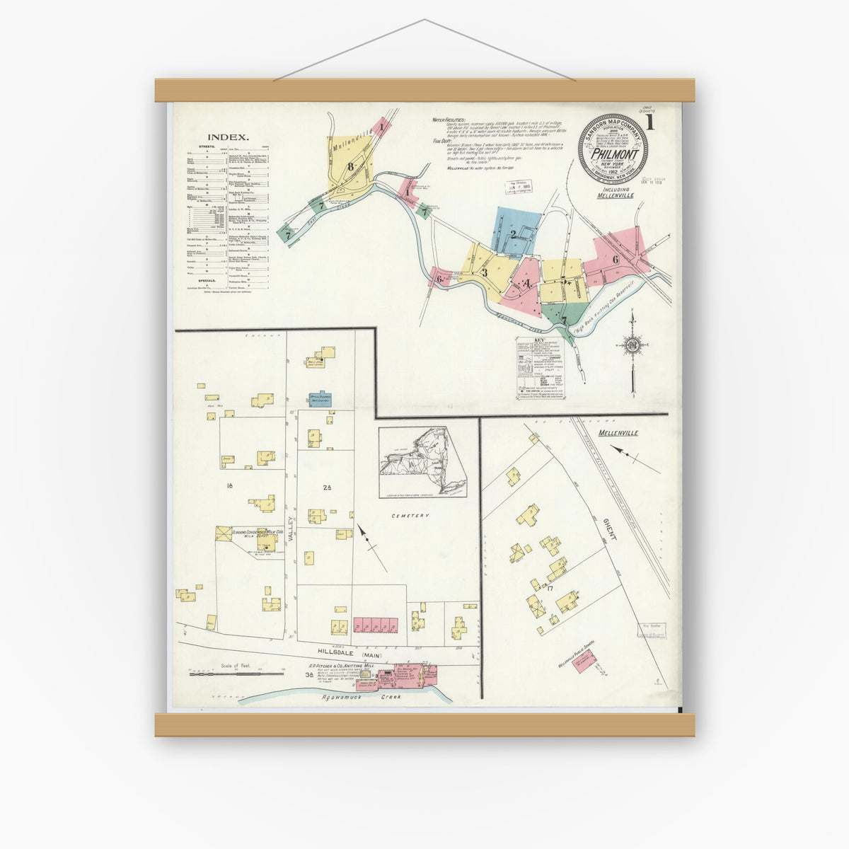 Old map wall art mockup — magnetic wood frame on white wall — Sanborn Fire Insurance Map from Philmont, Columbia County, New York (1912) - Complete Map Set