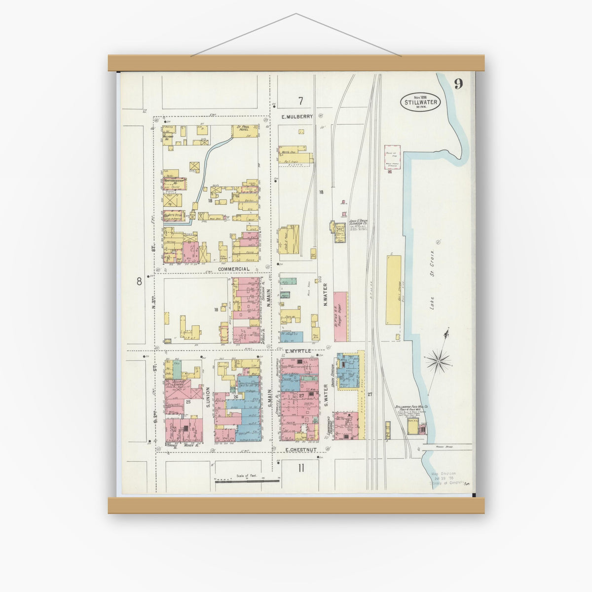Old map wall art mockup — magnetic wood frame on white wall — Sanborn Fire Insurance Map from Stillwater, Washington County, Minnesota (1898), Sheet #0009