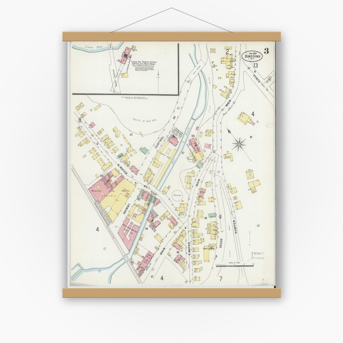 Old map wall art mockup — magnetic wood frame on white wall — Sanborn Fire Insurance Map from Sing Sing, Westchester County, New York (1897), Sheet #0003