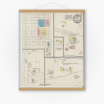 Old map wall art mockup — magnetic wood frame on white wall — Sanborn Fire Insurance Map from Tallahassee, Leon County, Florida (1895), Sheet #0001