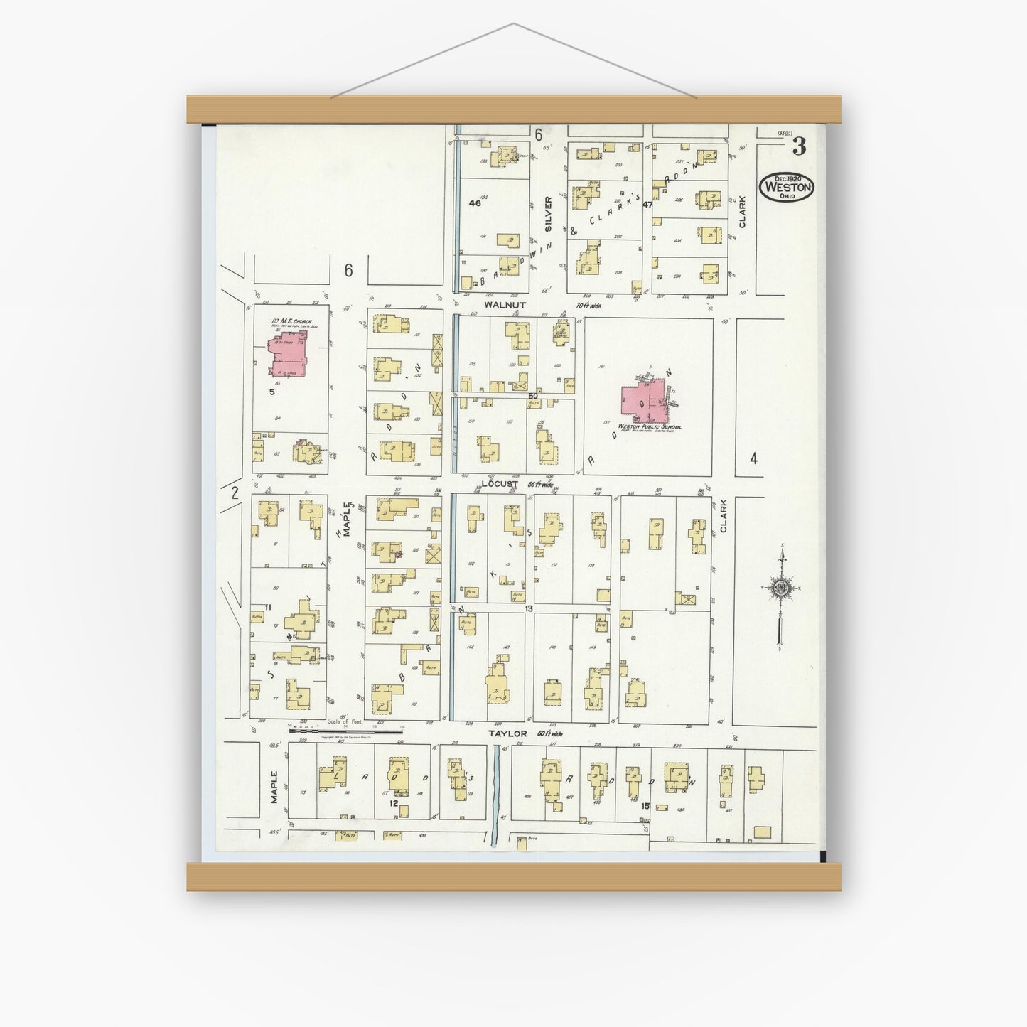Old map wall art mockup — magnetic wood frame on white wall — Sanborn Fire Insurance Map from Weston, Wood County, Ohio (1920), Sheet #0003