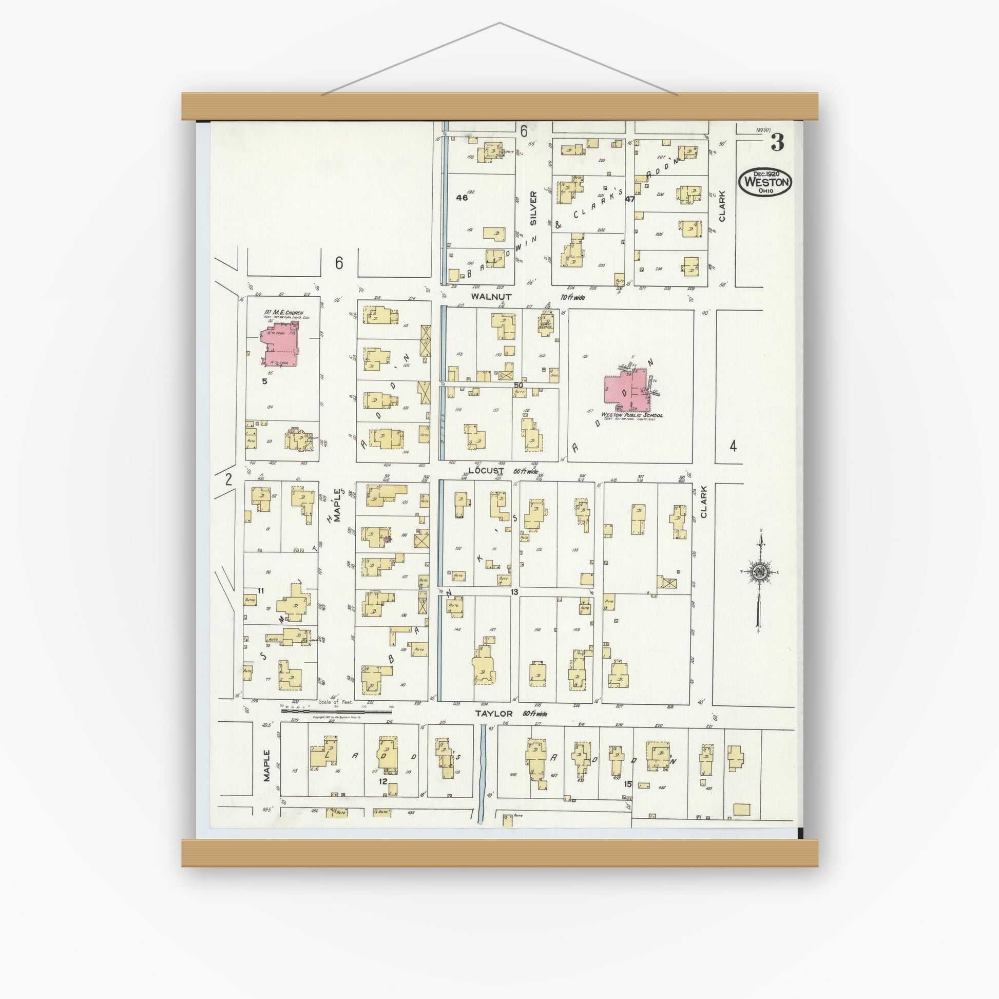 Old map wall art mockup — magnetic wood frame on white wall — Sanborn Fire Insurance Map from Weston, Wood County, Ohio (1920), Sheet #0003