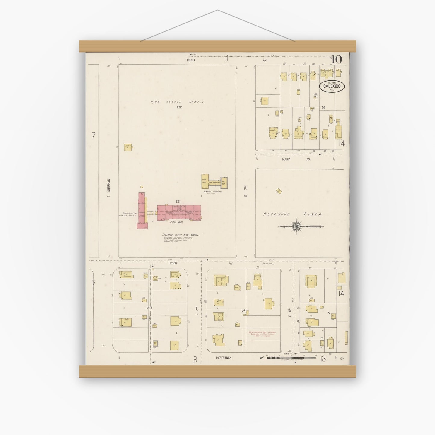 Old map wall art mockup — magnetic wood frame on white wall — Sanborn Fire Insurance Map from Calexico, Imperial County, California (1920), Sheet #0010