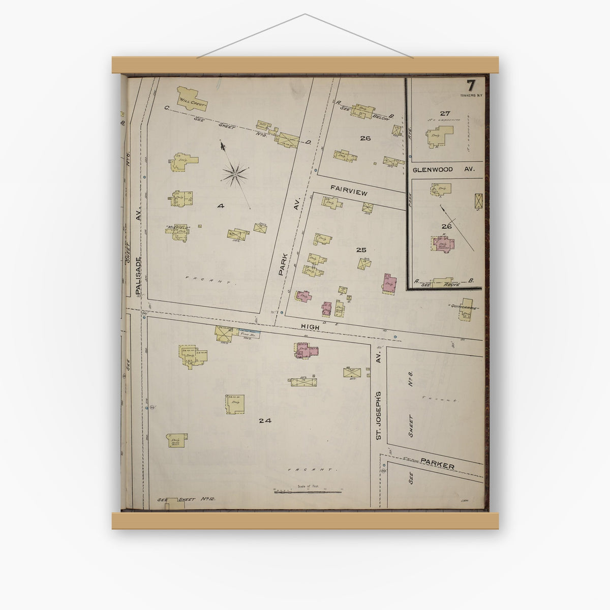 Old map wall art mockup — magnetic wood frame on white wall — Sanborn Fire Insurance Map from Yonkers, Westchester County, New York (1886), Sheet #0007