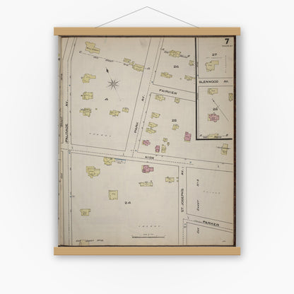 Old map wall art mockup — magnetic wood frame on white wall — Sanborn Fire Insurance Map from Yonkers, Westchester County, New York (1886), Sheet #0007