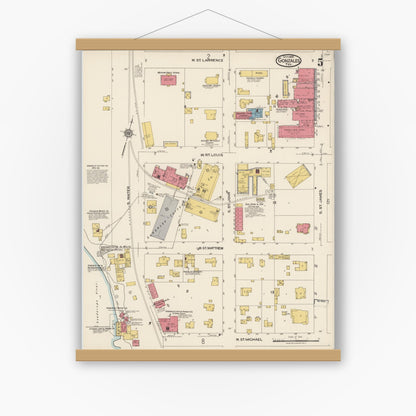 Old map wall art mockup — magnetic wood frame on white wall — Sanborn Fire Insurance Map from Gonzales, Gonzales County, Texas (1922), Sheet #0005
