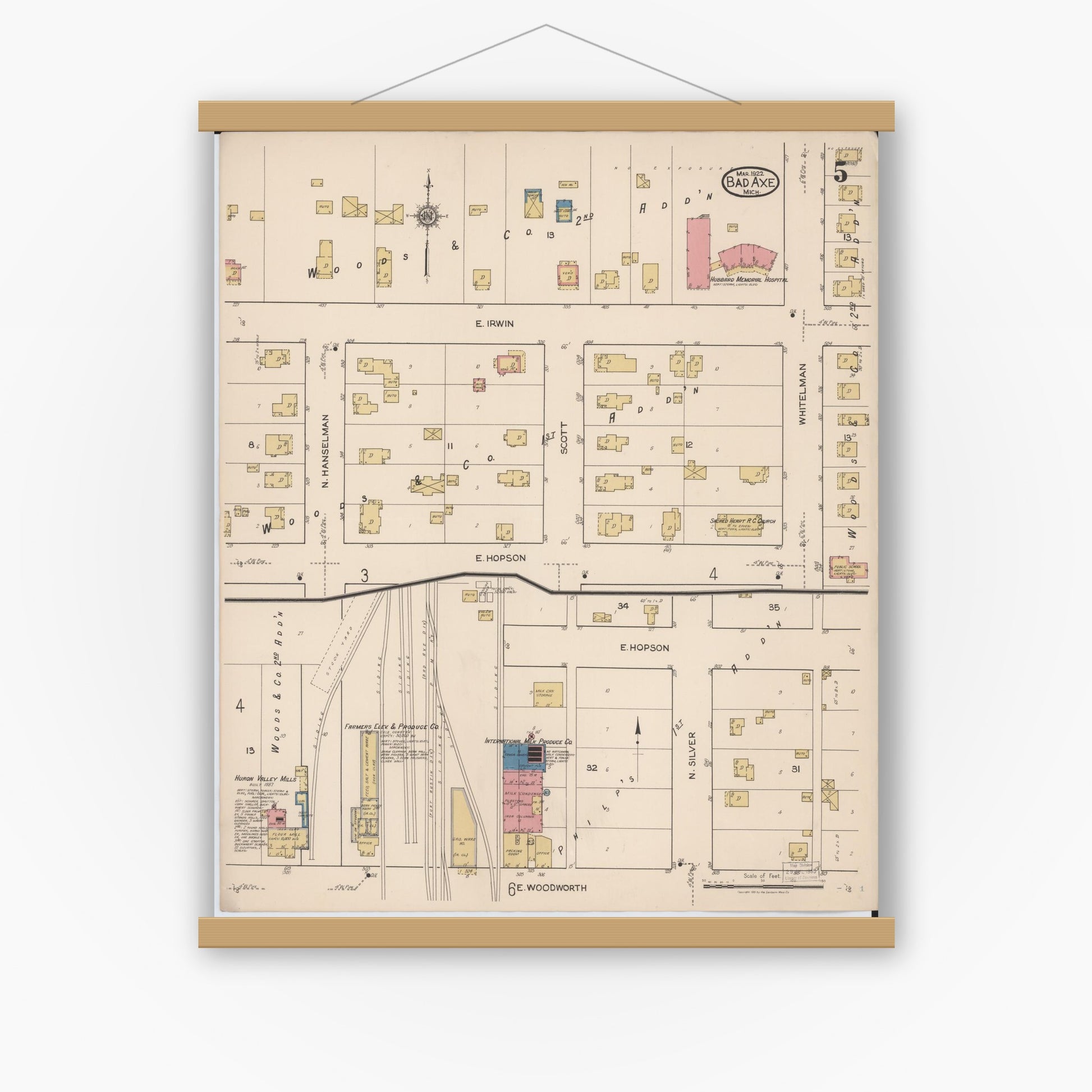 Old map wall art mockup — magnetic wood frame on white wall — Sanborn Fire Insurance Map from Bad Axe, Huron County, Michigan (1922), Sheet #0005
