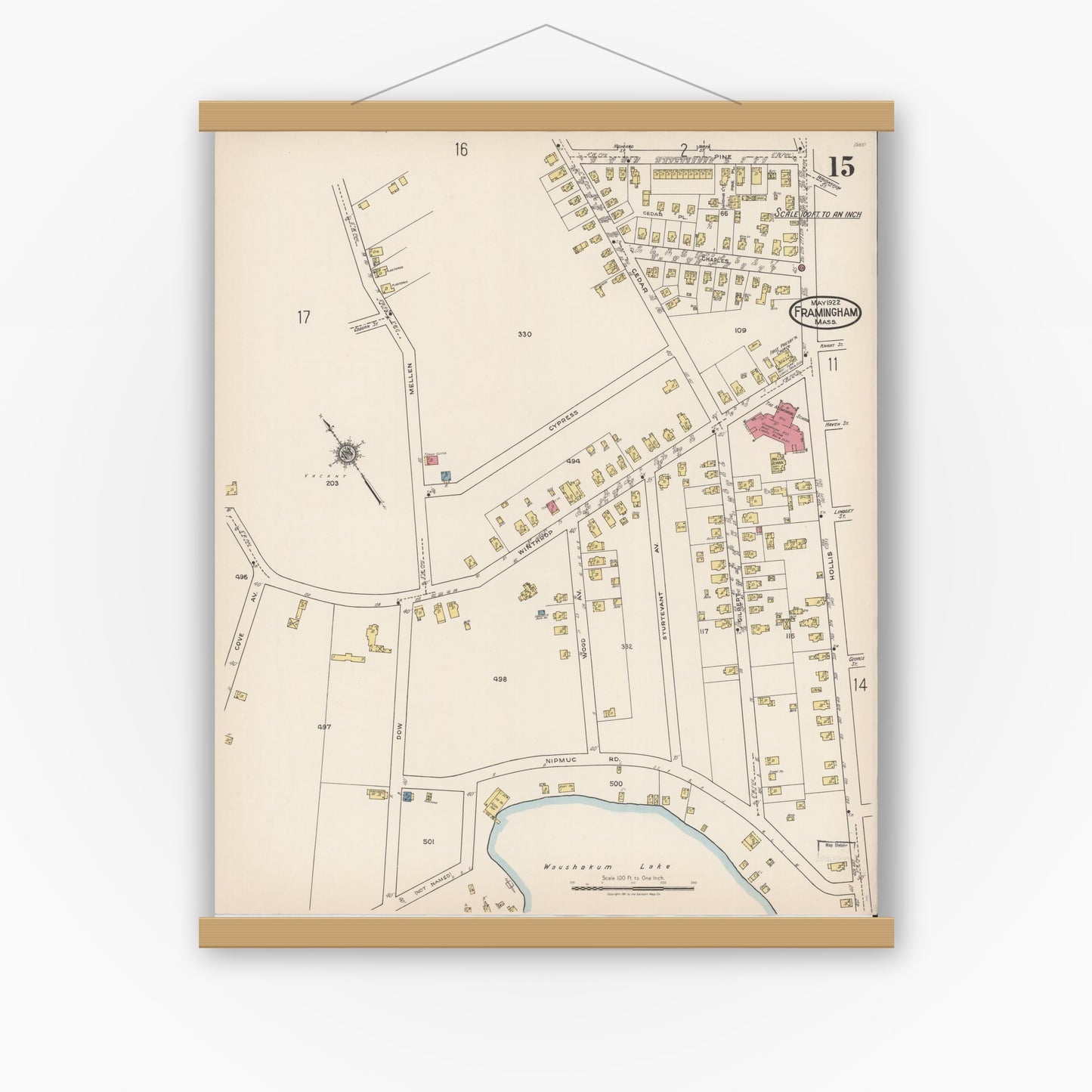 Old map wall art mockup — magnetic wood frame on white wall — Sanborn Fire Insurance Map from Framingham, Middlesex County, Massachusetts (1922), Sheet #0015