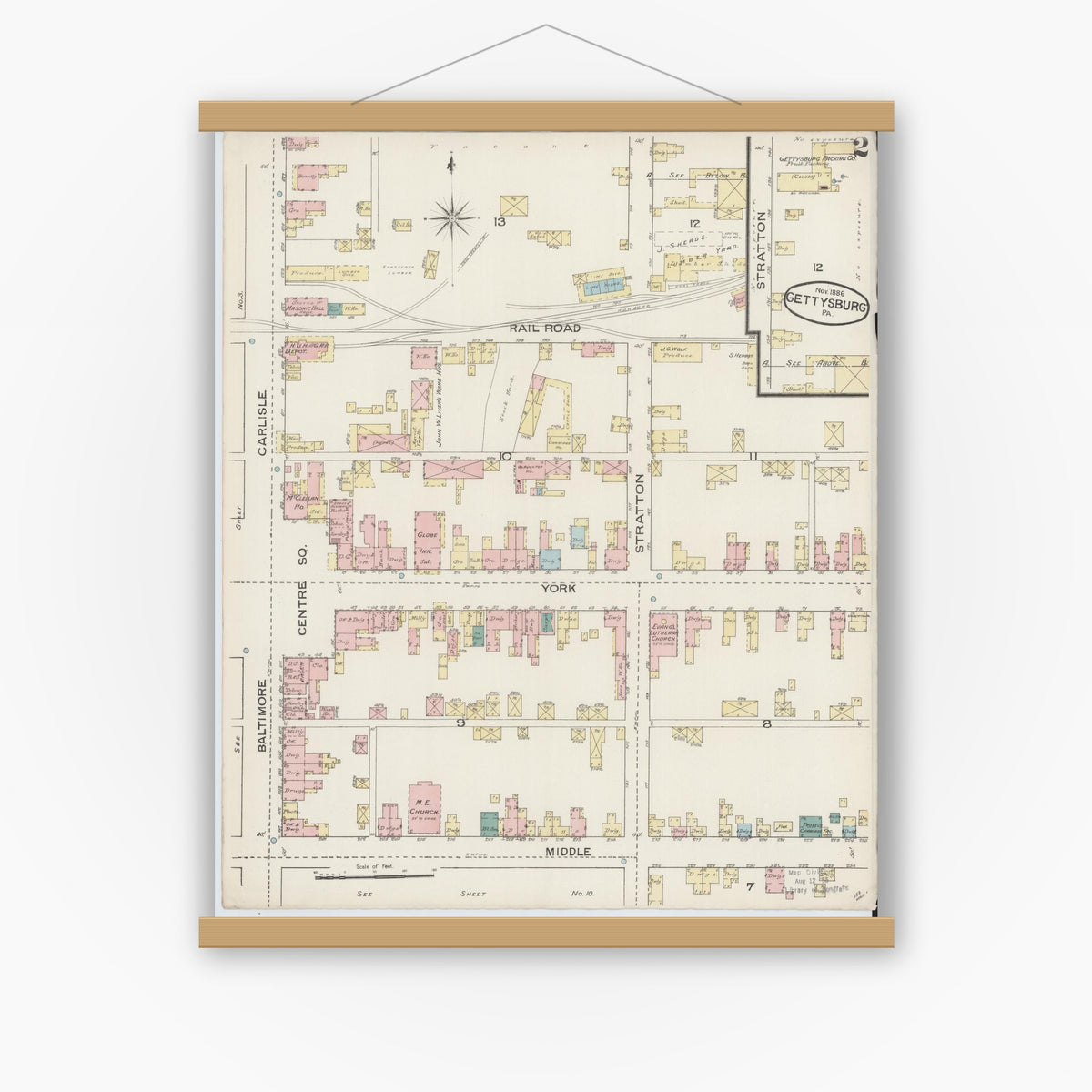 Old map wall art mockup — magnetic wood frame on white wall — Sanborn Fire Insurance Map from Gettysburg, Adams County, Pennsylvania (1886), Sheet #0002
