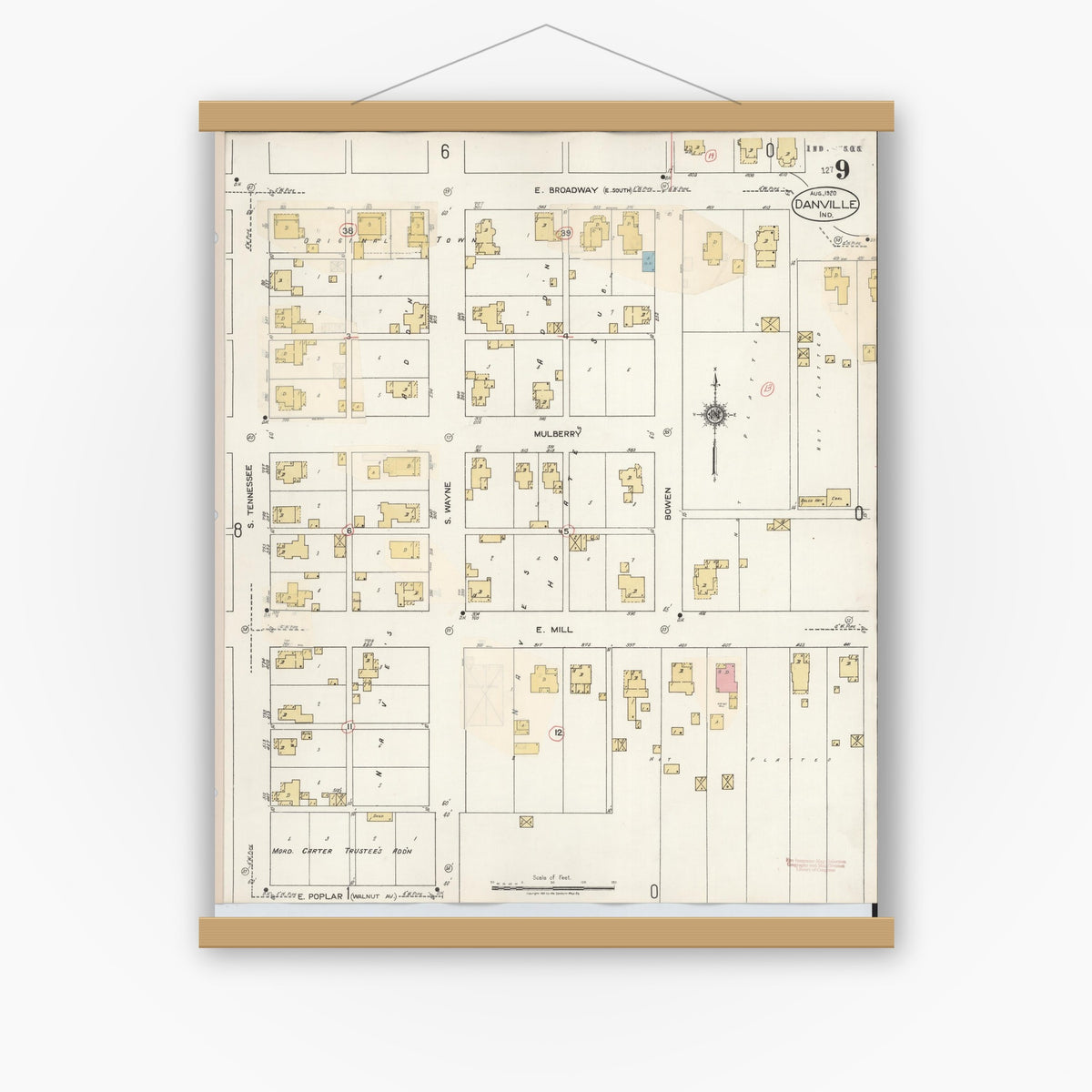 Old map wall art mockup — magnetic wood frame on white wall — Sanborn Fire Insurance Map from Danville, Hendricks County, Indiana (1932), Sheet #0009