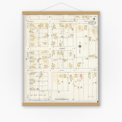 Old map wall art mockup — magnetic wood frame on white wall — Sanborn Fire Insurance Map from Danville, Hendricks County, Indiana (1932), Sheet #0009