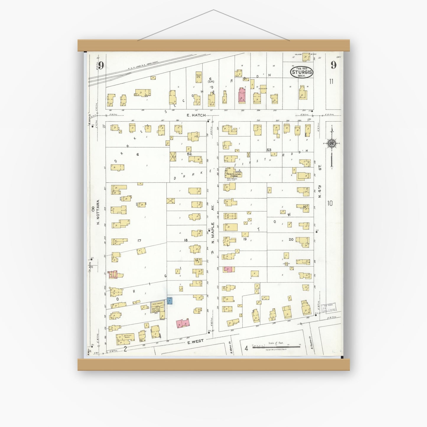 Old map wall art mockup — magnetic wood frame on white wall — Sanborn Fire Insurance Map from Sturgis, Saint Joseph County, Michigan (1923), Sheet #0009