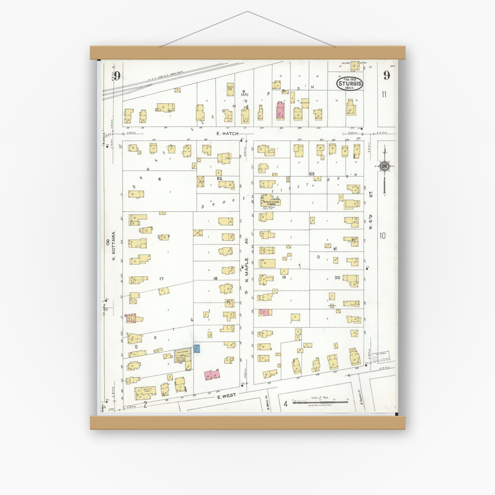 Old map wall art mockup — magnetic wood frame on white wall — Sanborn Fire Insurance Map from Sturgis, Saint Joseph County, Michigan (1923), Sheet #0009