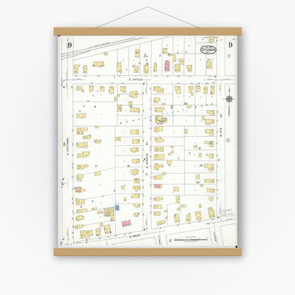 Old map wall art mockup — magnetic wood frame on white wall — Sanborn Fire Insurance Map from Sturgis, Saint Joseph County, Michigan (1923), Sheet #0009