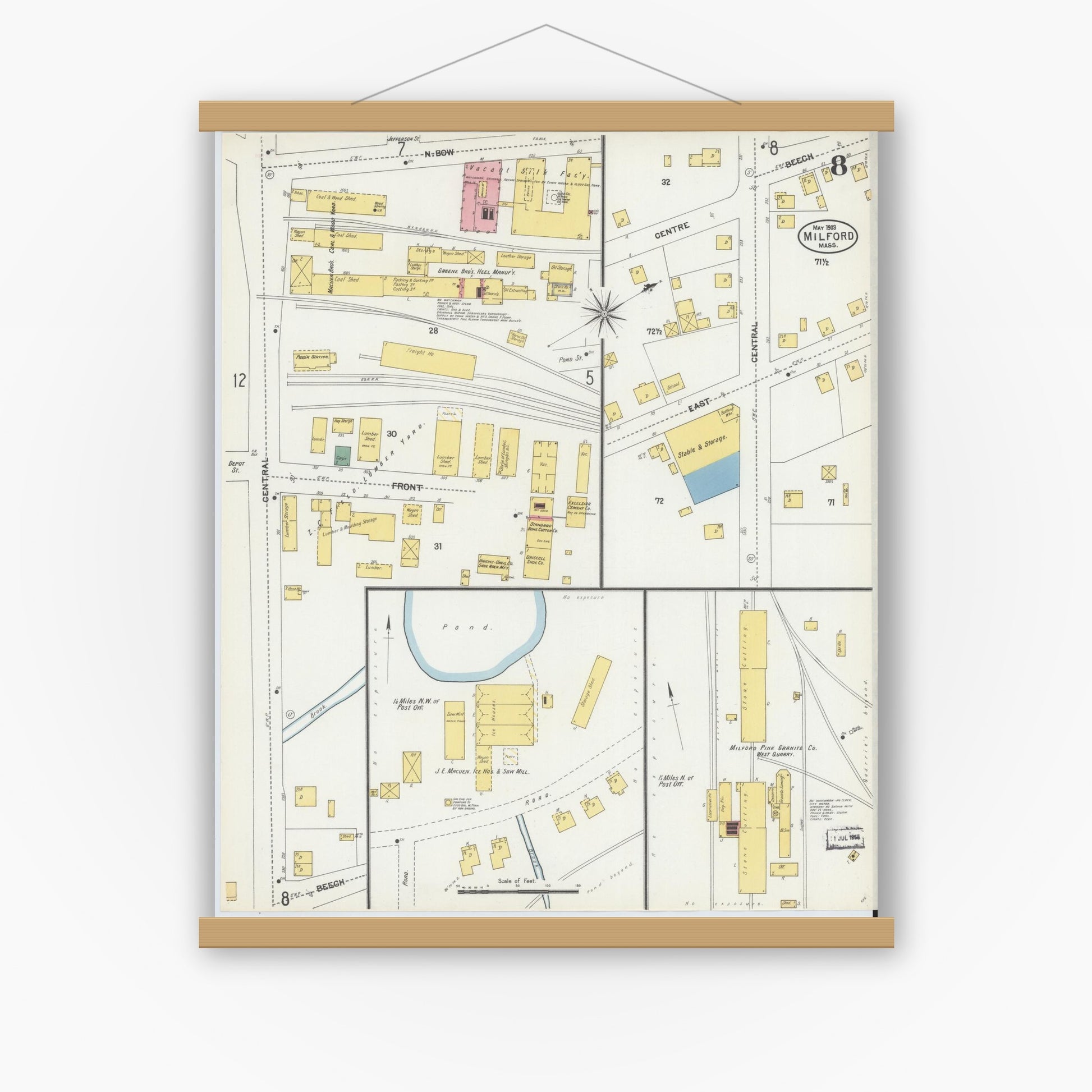 Old map wall art mockup — magnetic wood frame on white wall — Sanborn Fire Insurance Map from Milford, Worcester County, Massachusetts (1903), Sheet #0008