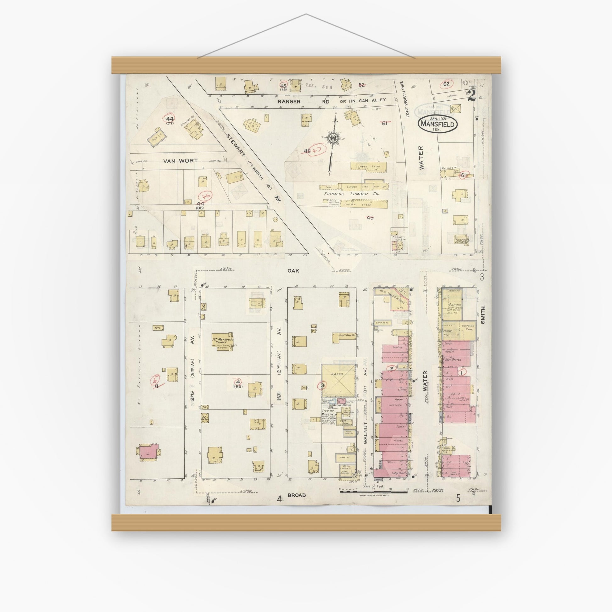 Old map wall art mockup — magnetic wood frame on white wall — Sanborn Fire Insurance Map from Mansfield, Tarrant County, Texas (1933), Sheet #0002