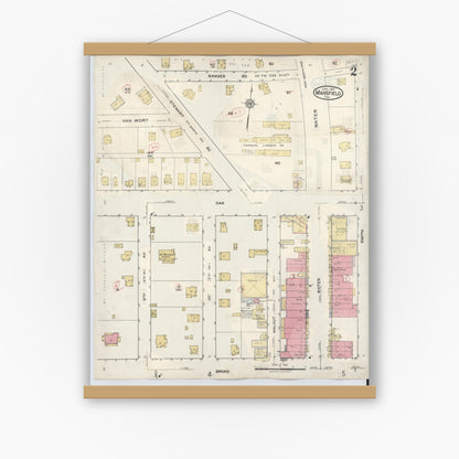 Old map wall art mockup — magnetic wood frame on white wall — Sanborn Fire Insurance Map from Mansfield, Tarrant County, Texas (1933), Sheet #0002