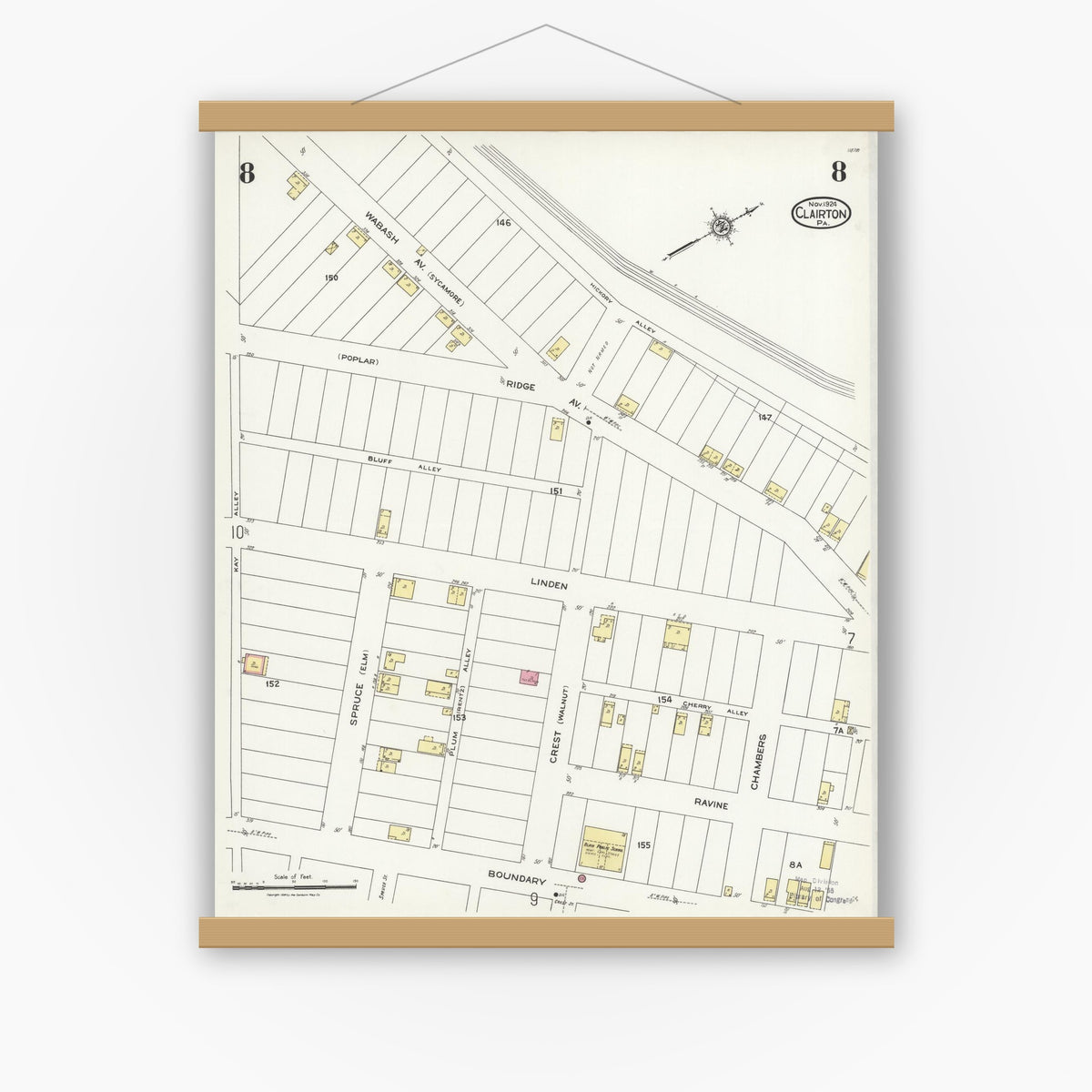 Old map wall art mockup — magnetic wood frame on white wall — Sanborn Fire Insurance Map from Clairton, Allegheny County, Pennsylvania (1924), Sheet #0008
