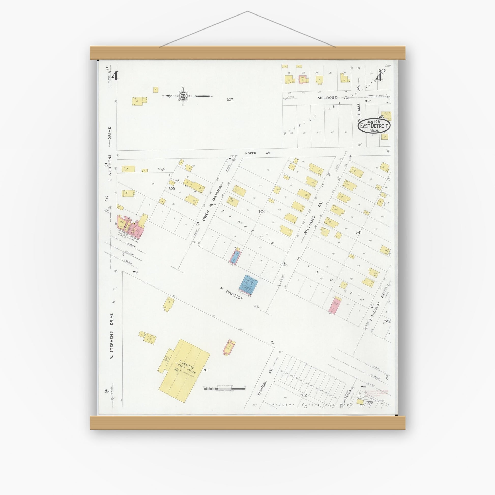 Old map wall art mockup — magnetic wood frame on white wall — Sanborn Fire Insurance Map from East Detroit, Macomb County, Michigan (1931), Sheet #0004
