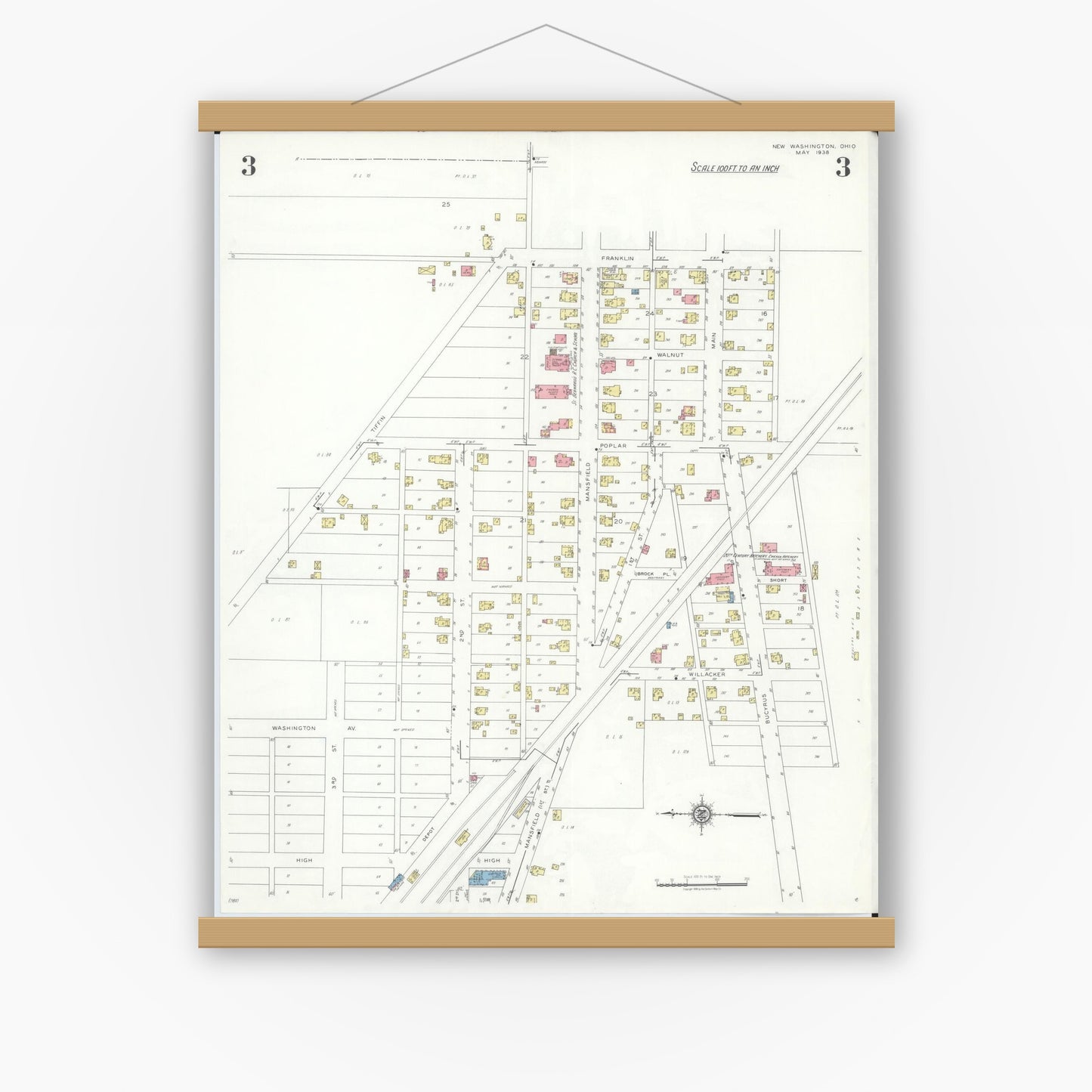 Old map wall art mockup — magnetic wood frame on white wall — Sanborn Fire Insurance Map from New Washington, Crawford County, Ohio (1938), Sheet #0003