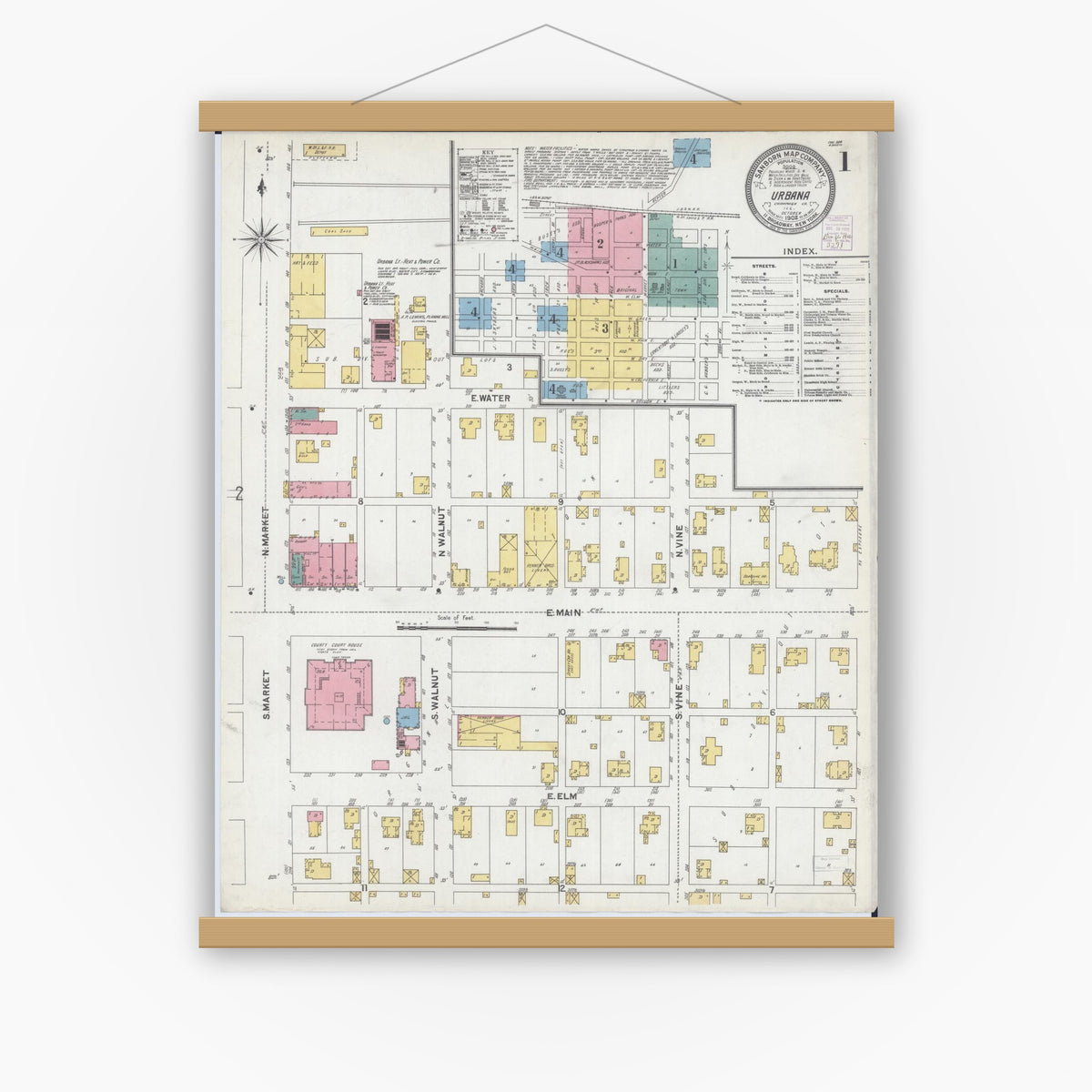 Old map wall art mockup — magnetic wood frame on white wall — Sanborn Fire Insurance Map from Urbana, Champaign County, Illinois (1902) - Complete Map Set
