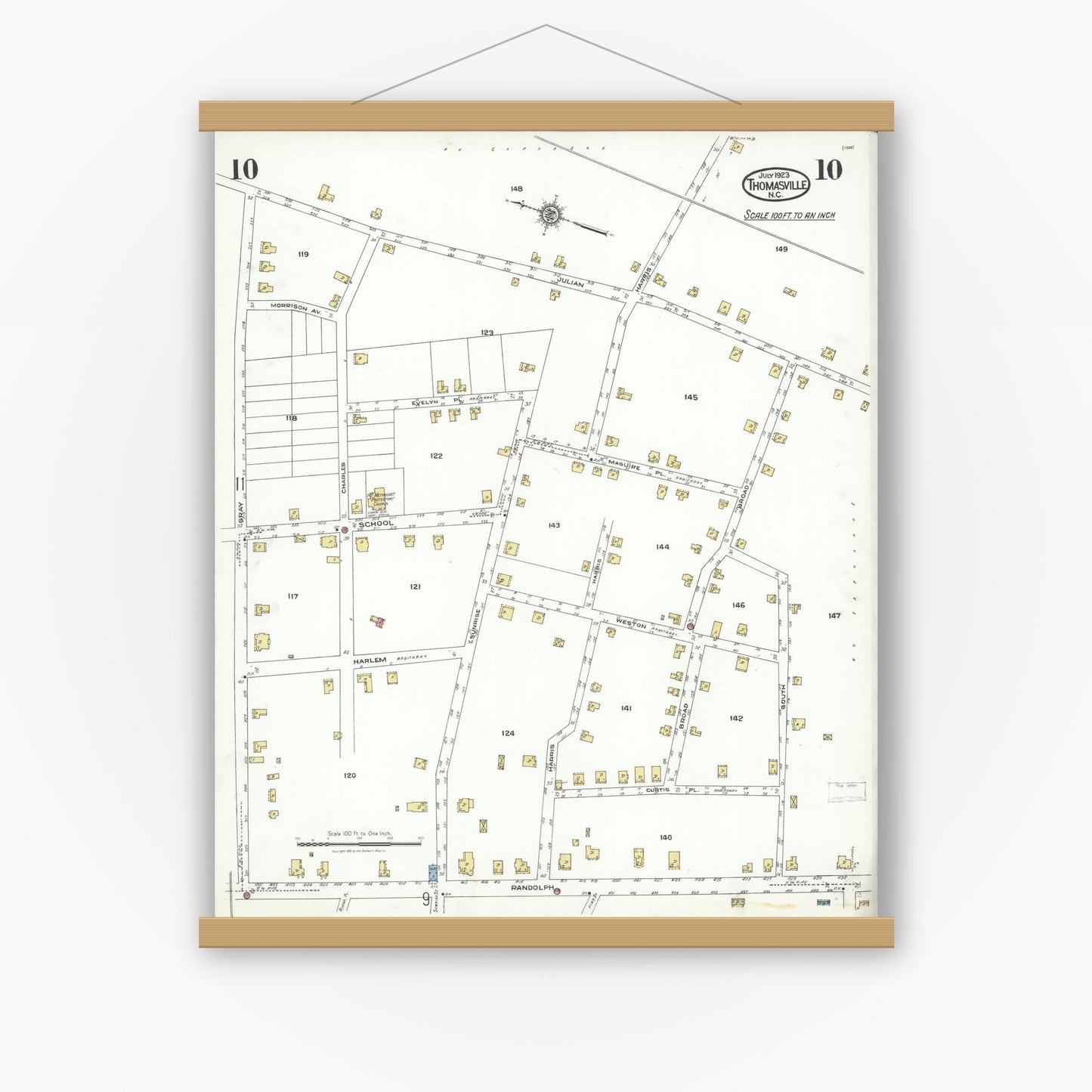 Old map wall art mockup — magnetic wood frame on white wall — Sanborn Fire Insurance Map from Thomasville, Davidson County, North Carolina (1923), Sheet #0010