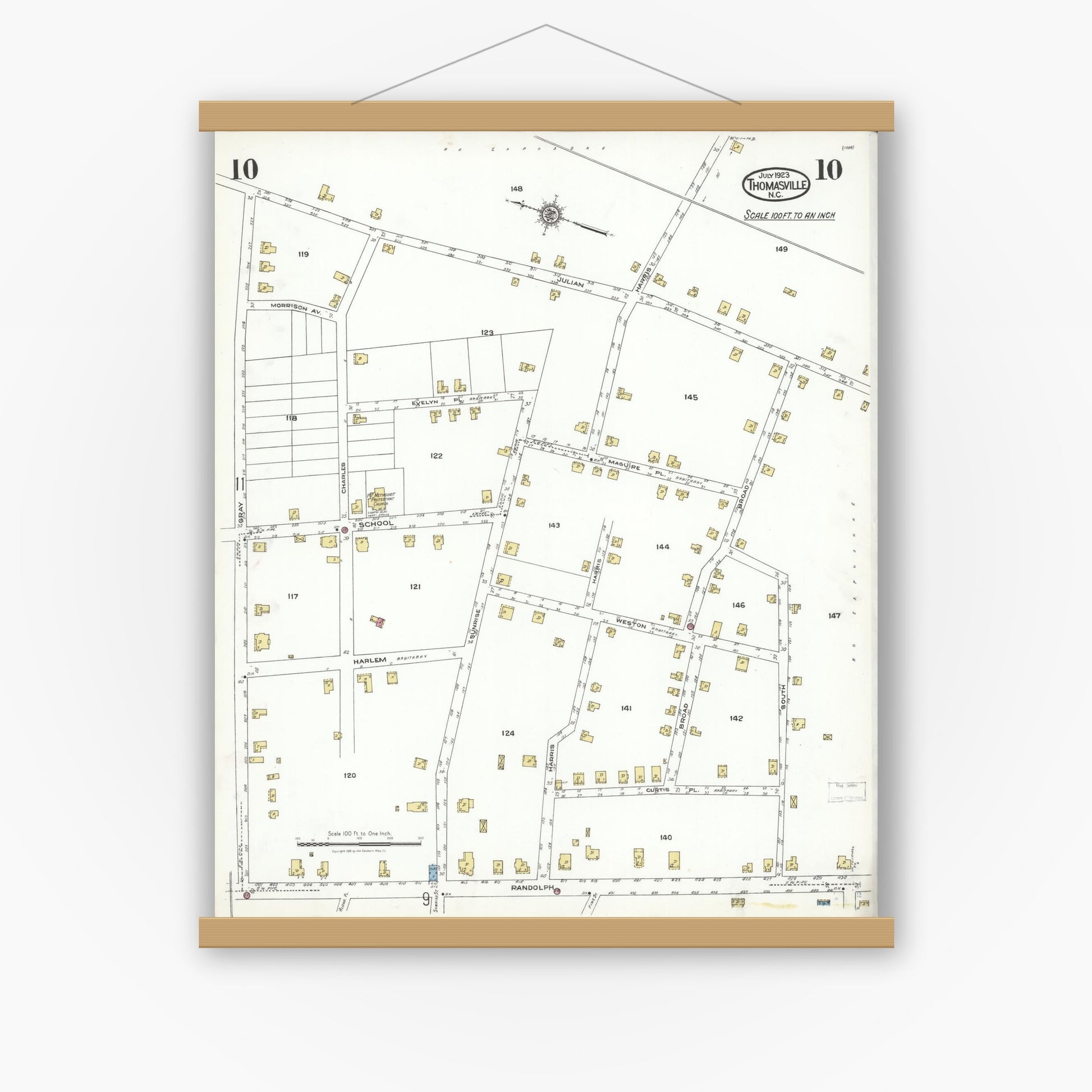 Old map wall art mockup — magnetic wood frame on white wall — Sanborn Fire Insurance Map from Thomasville, Davidson County, North Carolina (1923), Sheet #0010