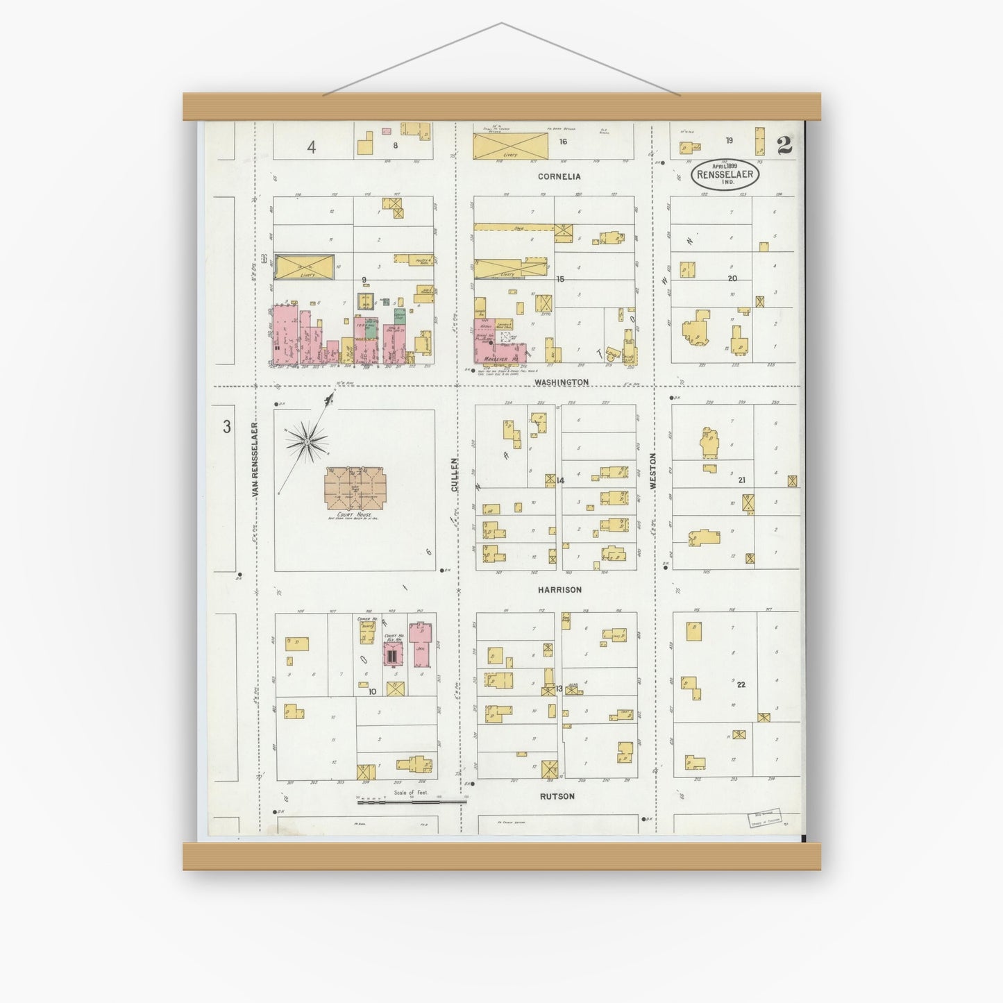 Old map wall art mockup — magnetic wood frame on white wall — Sanborn Fire Insurance Map from Rensselaer, Jasper County, Indiana (1899), Sheet #0002