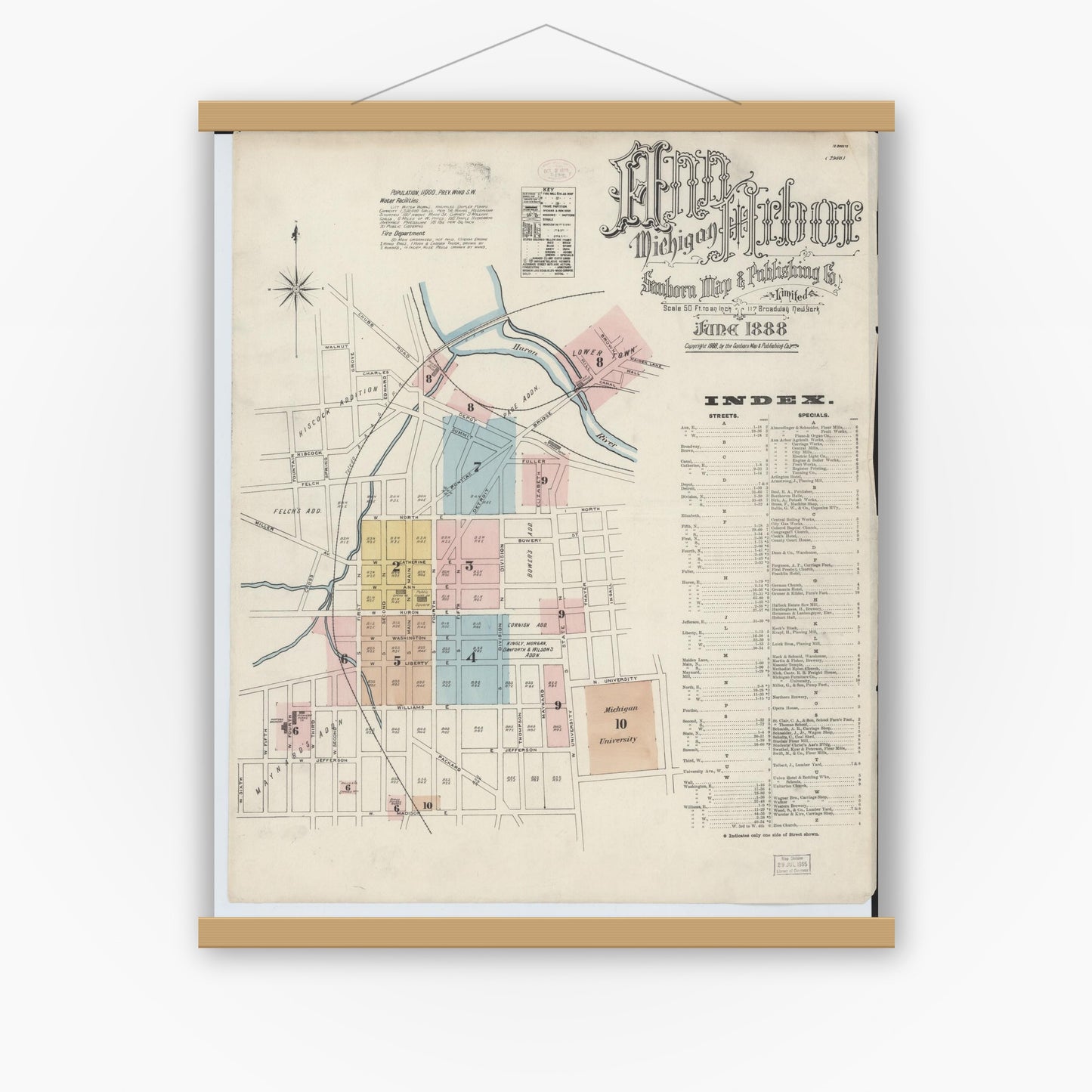 Old map wall art mockup — magnetic wood frame on white wall — Sanborn Fire Insurance Map from Ann Arbor, Washtenaw County, Michigan (1888) - Complete Map Set
