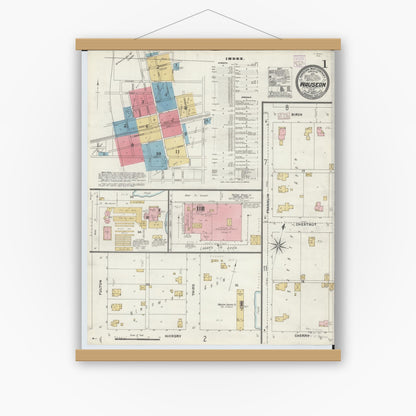Old map wall art mockup — magnetic wood frame on white wall — Sanborn Fire Insurance Map from Wauseon, Fulton County, Ohio (1905), Sheet #0001