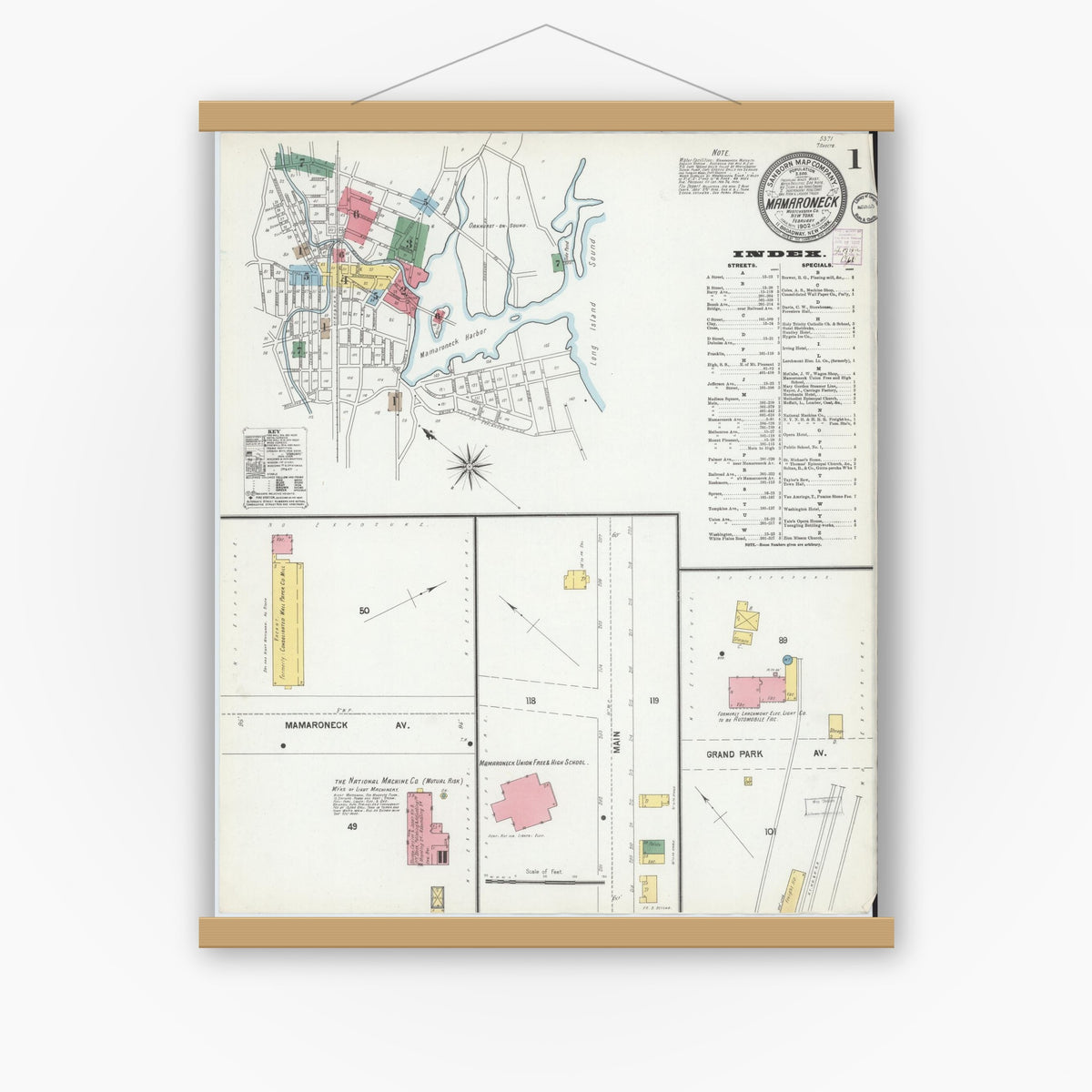 Old map wall art mockup — magnetic wood frame on white wall — Sanborn Fire Insurance Map from Mamaroneck, Westchester County, New York (1902) - Complete Map Set