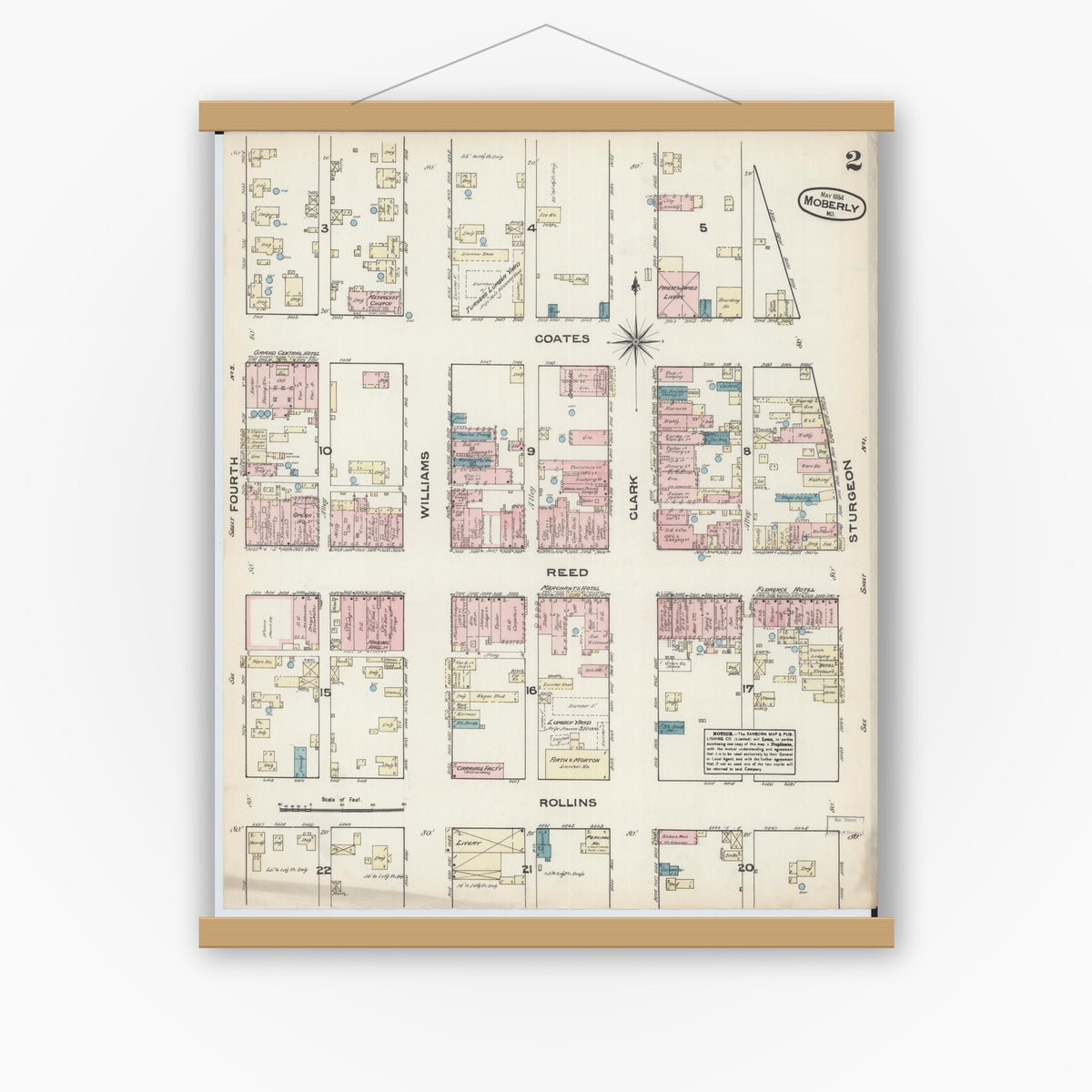 Old map wall art mockup — magnetic wood frame on white wall — Sanborn Fire Insurance Map from Moberly, Randolph County, Missouri (1884), Sheet #0002