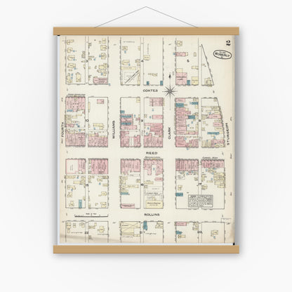 Old map wall art mockup — magnetic wood frame on white wall — Sanborn Fire Insurance Map from Moberly, Randolph County, Missouri (1884), Sheet #0002